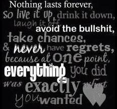 Nothing Last Forever, So Live It Up, Drink It Down, Laugh It Off, Avoid The Bullshit, Take Chances, Never Have Regrets, Because 