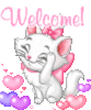welcome , pink text, withe cat